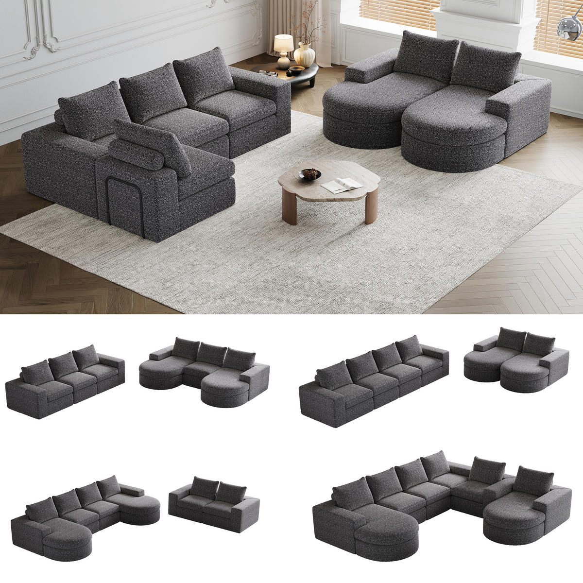 SCHLAFSOFA aus Chenille mit Liegestuhl, 2-teilig - Grau, Textil (322.5/81.2/217.7cm)