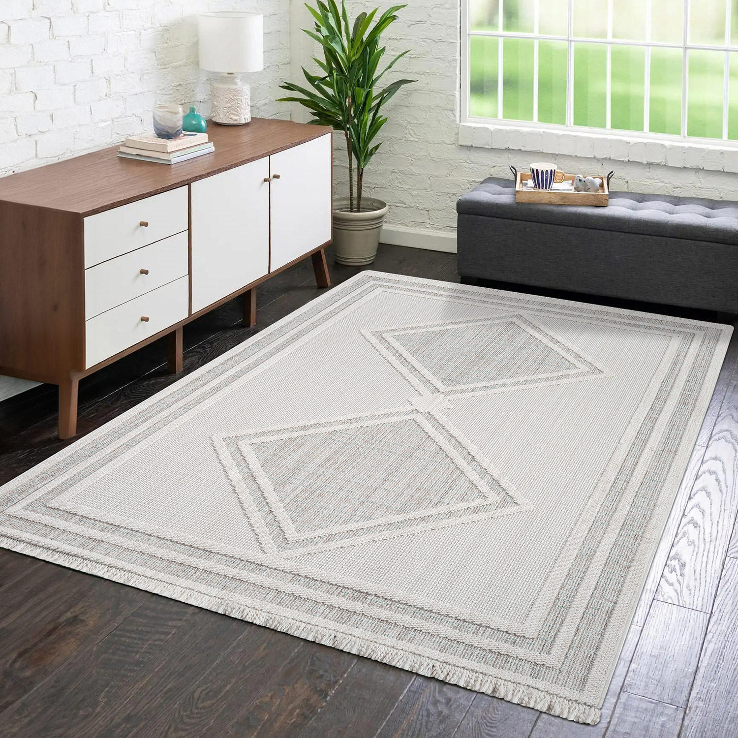 Thumbnail - carpet city Kurzflor-Teppich, Grau, Grün, Textil, Orientalisch, Rauten, Rechteckig, 120x170 cm, Oeko-Tex® Standard 100, ...