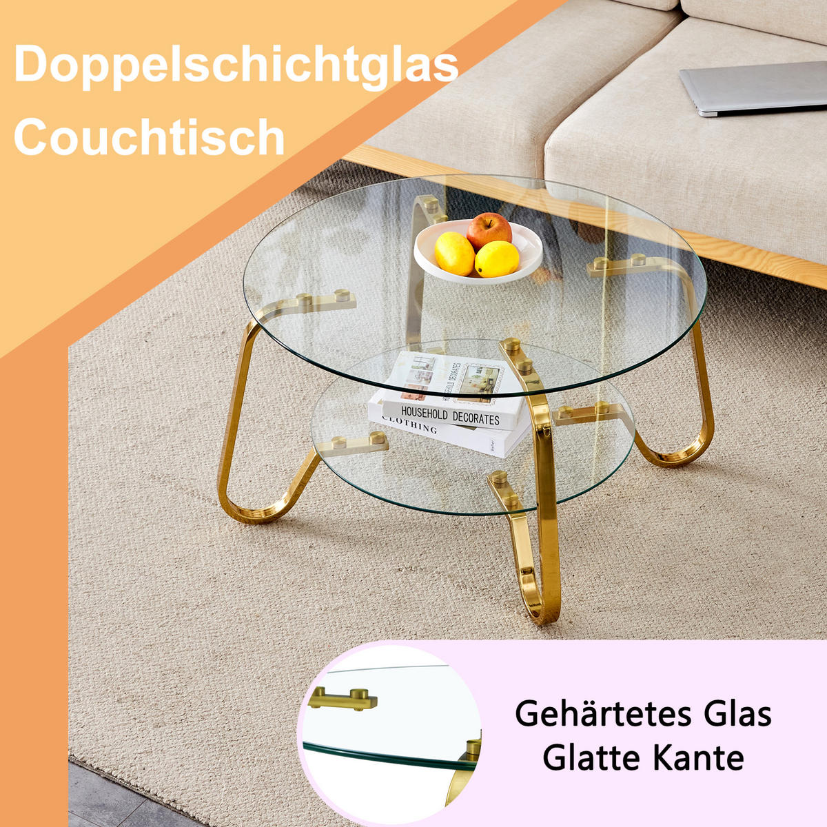 KONFERENČNÍ stolek kovový, zlatý, dvoupatrový se skleněnou deskou,80/80/45 cm - zlatá, kov (80/80/45cm) - BEAOK