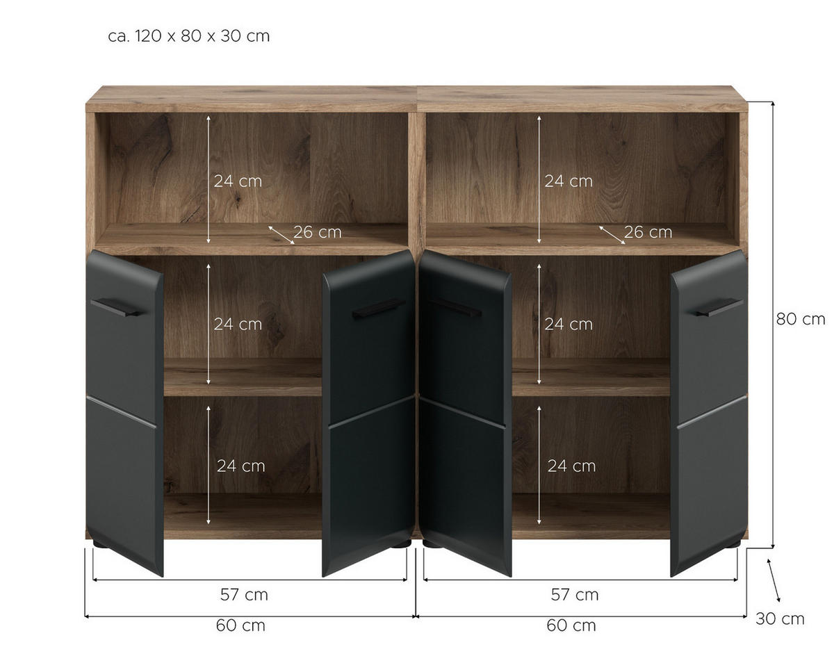 MIDISCHRANK Set Schwarz matt, Eiche Nox, 2x Badkommode, gesamt 120 x 80 cm - Eichefarben/Schwarz, Holzwerkstoff/Kunststoff (120/80/30cm) - Inn.Furn