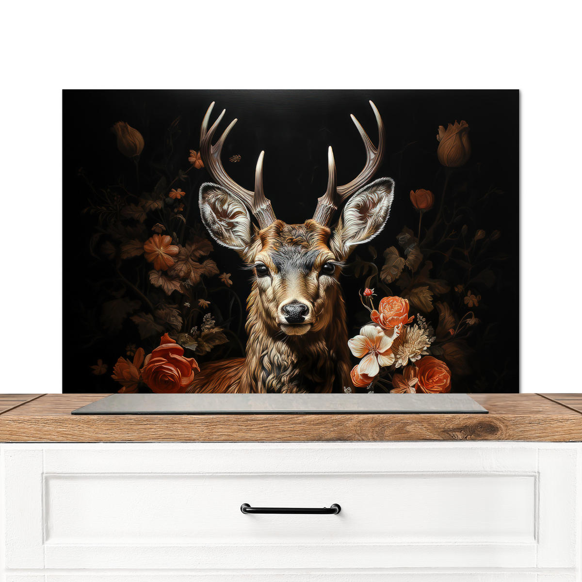 SPRITZSCHUTZ KÜCHE Hirsch - Tier - Blumen - Natur - Botanisch 80x55 cm - Kupferfarben, Metall (80/0.3/55cm) - MuchoWow