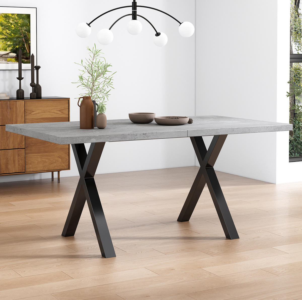ESSTISCH 140/80/76 cm Grau Schwarz mit Kreuzgestell in Betonoptik aus MDF und Metall - Grau, Holzwerkstoff (140/80/76cm) - OKWISH