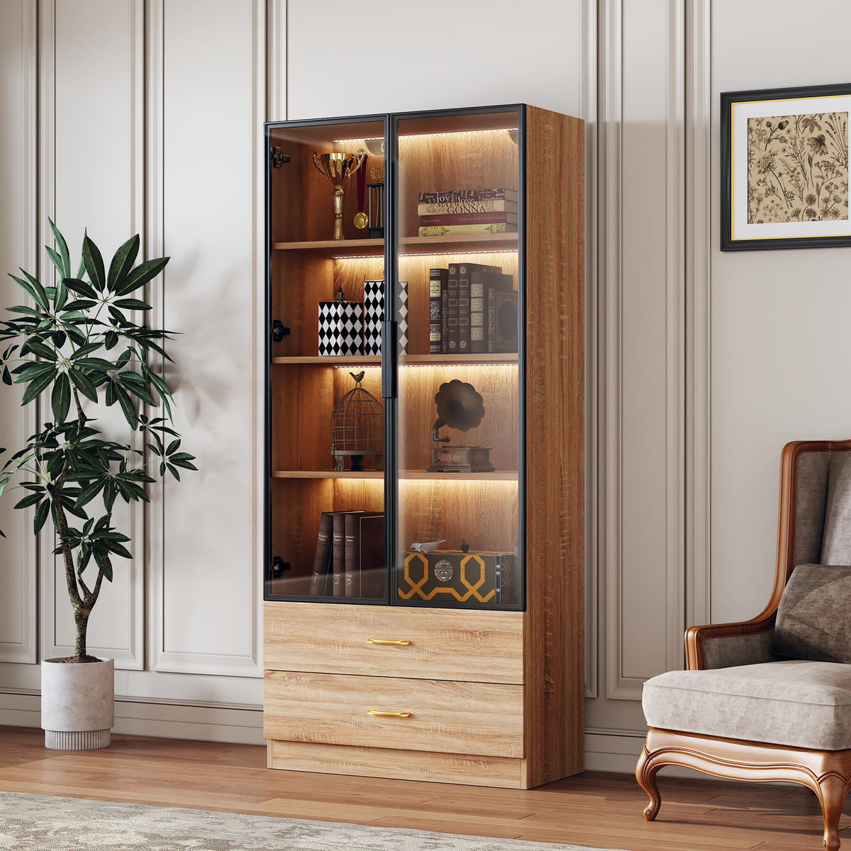 VITRINENSCHRANK mit 2 Schubladen und 2 Türen 74/34.5/170 cm - Braun, Glas/Holzwerkstoff (34/170/70cm) - Urban Meuble