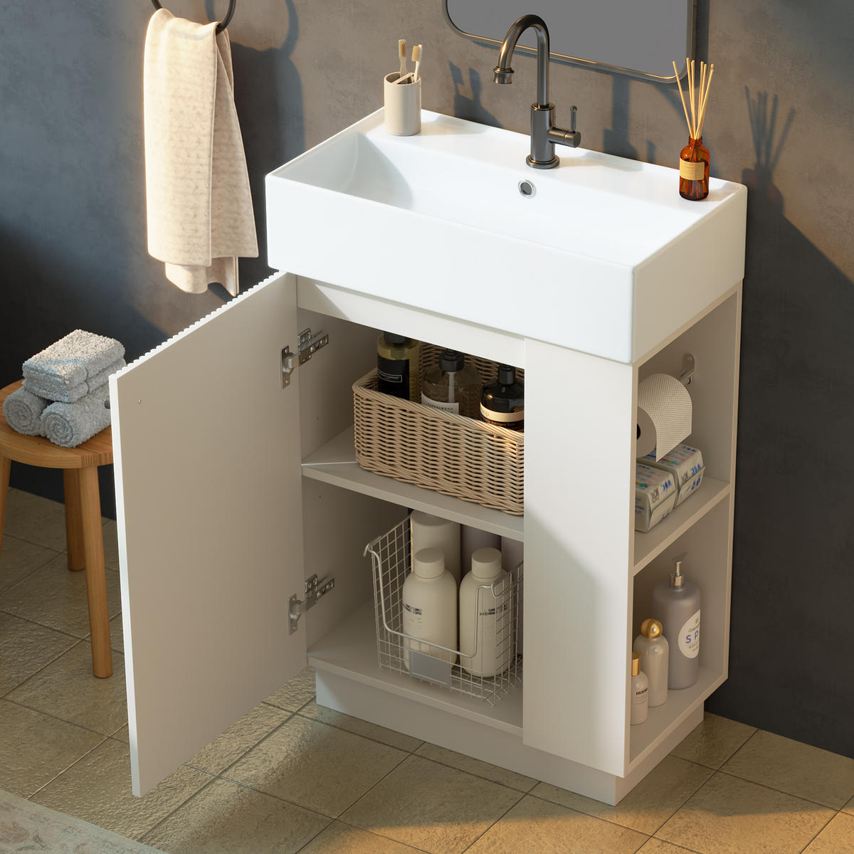 BADEZIMMERSCHRANK Waschbeckenunterschrank Rillenoptik Keramik 55cm - Weiß, Keramik (55/87/32cm) - FLIEKS