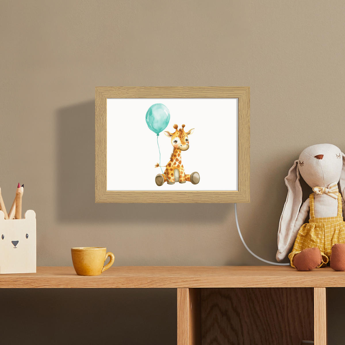 WANDLEUCHTE Giraffe - Baby - Tiere - Blauer Ballon 20x15 cm - Weiß, Holzwerkstoff (20/15/8cm) - OnlyWow