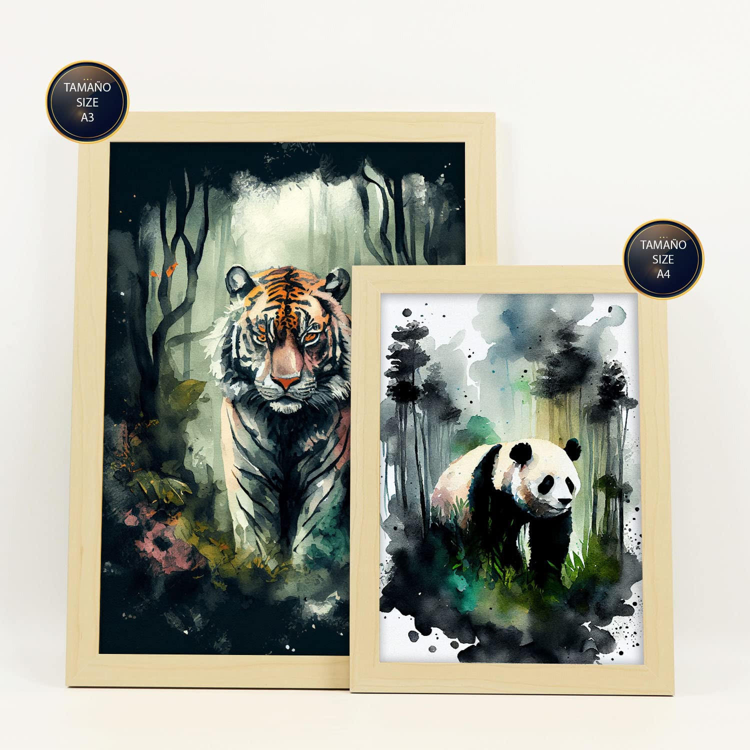 POSTER Set Mit 6 Wilde Welt Illustrationen Von Tieren In Naturlandschaften, Realistischer Aquarellstil Innenarchitektur A3 & A4 Rahmen Aus Hellem Holz - Beige, Papier (29/3cm) - Nacnic