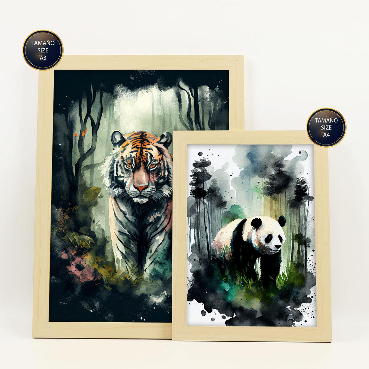 POSTER Set Mit 6 Wilde Welt Illustrationen Von Tieren In Naturlandschaften, Realistischer Aquarellstil Innenarchitektur A3 & A4 Rahmen Aus Hellem Holz - Beige, Papier (29/3cm) - Nacnic