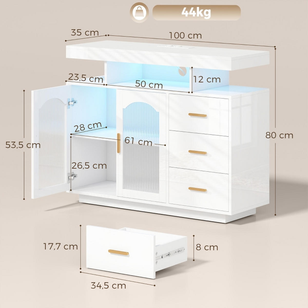 SIDEBOARD DE-38799 150 cm LED-Beleuchtung und 3 Schubladen Hochglanz Weiß/Gold - Weiß, Holzwerkstoff (100/80/35cm) - ComfortXL