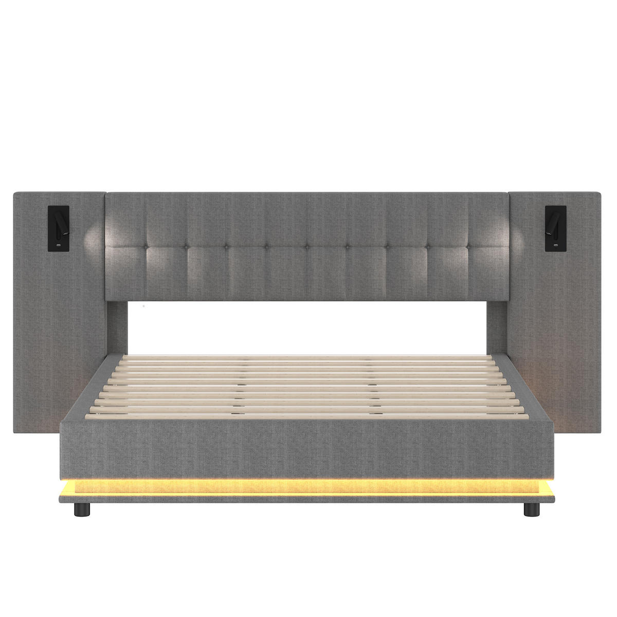 POLSTERBETT 180x200cm Grau Leinen LED-Leiste Kopfteil Spot USB - Grau, Holz (180/200cm) - FLIEKS