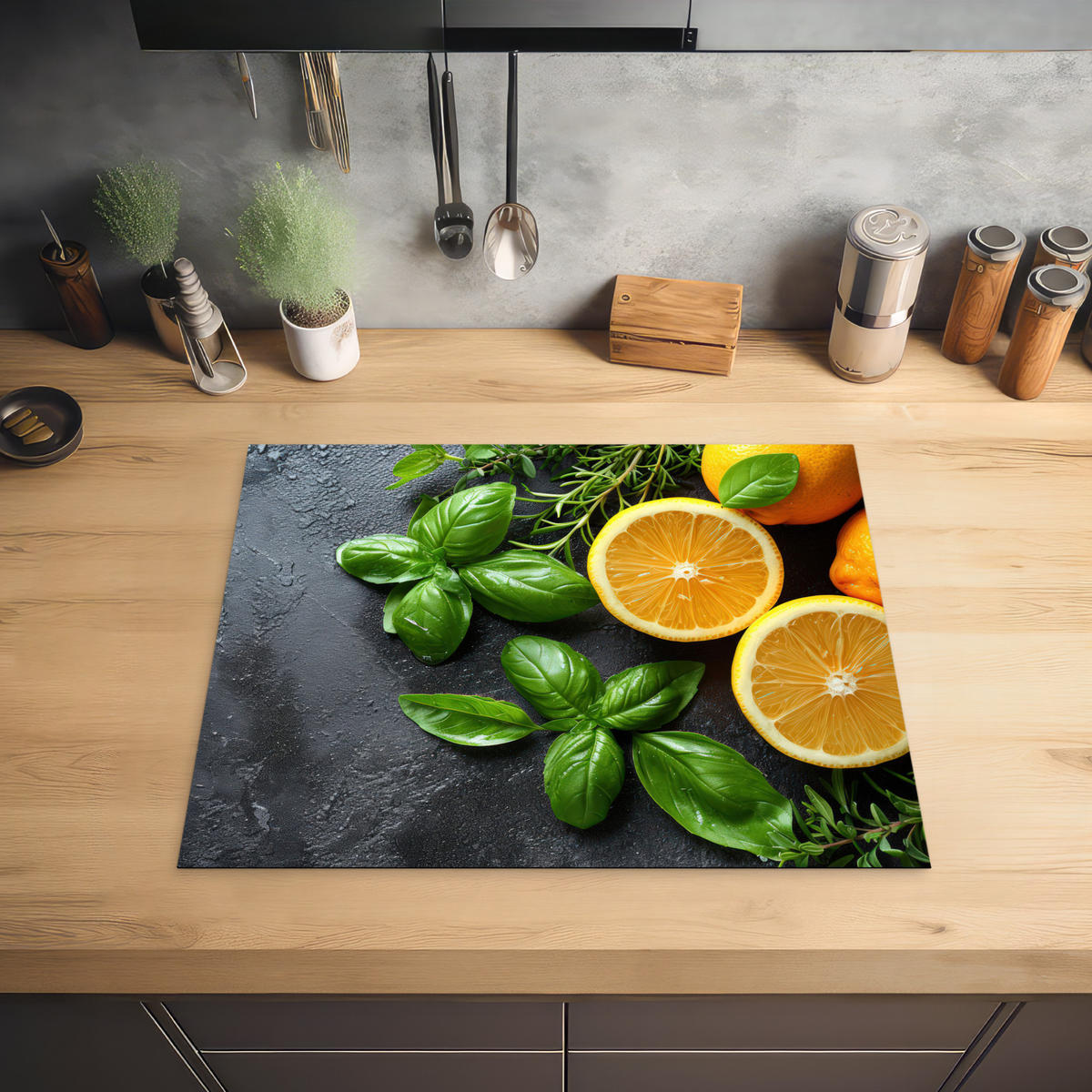 HERDABDECKPLATTE Obst - Grau - Konkret - Orange - Pflanzen Herdabdeckung Induktionsfeld 65x52 cm - Anthrazit, Kunststoff (65/52/0.2cm) - MuchoWow