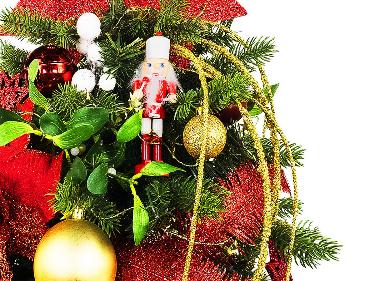 WEIHNACHTSBAUM künstlicher 60 cm mit LED-Beleuchtung, ROTERNUSSKNACKER II, mit 33 Weihnachtsbaumschmuck, Pflanztopf mit Jutesack - Rot/Goldfarben, Kunststoff/Stein (40/60cm) - LAALU