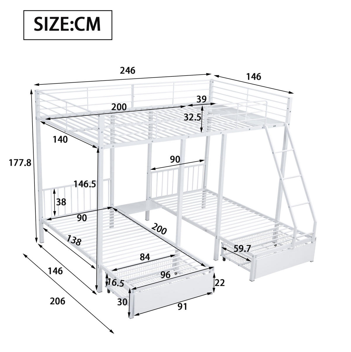 ETAGENBETT 140/200 und 2 x 90/200 cm aus Metall mit 2 Schubladen, teilbar in 3 Betten, Weiß - Weiß, Metall (140/200cm) - Redom