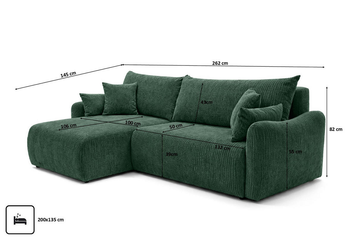 ECKSOFA Mit Schlaffunktion, Cordstoff Poso, Grün, Links, JAPANDI - Grün, Holz (262/145cm) - Kaiser Möbel