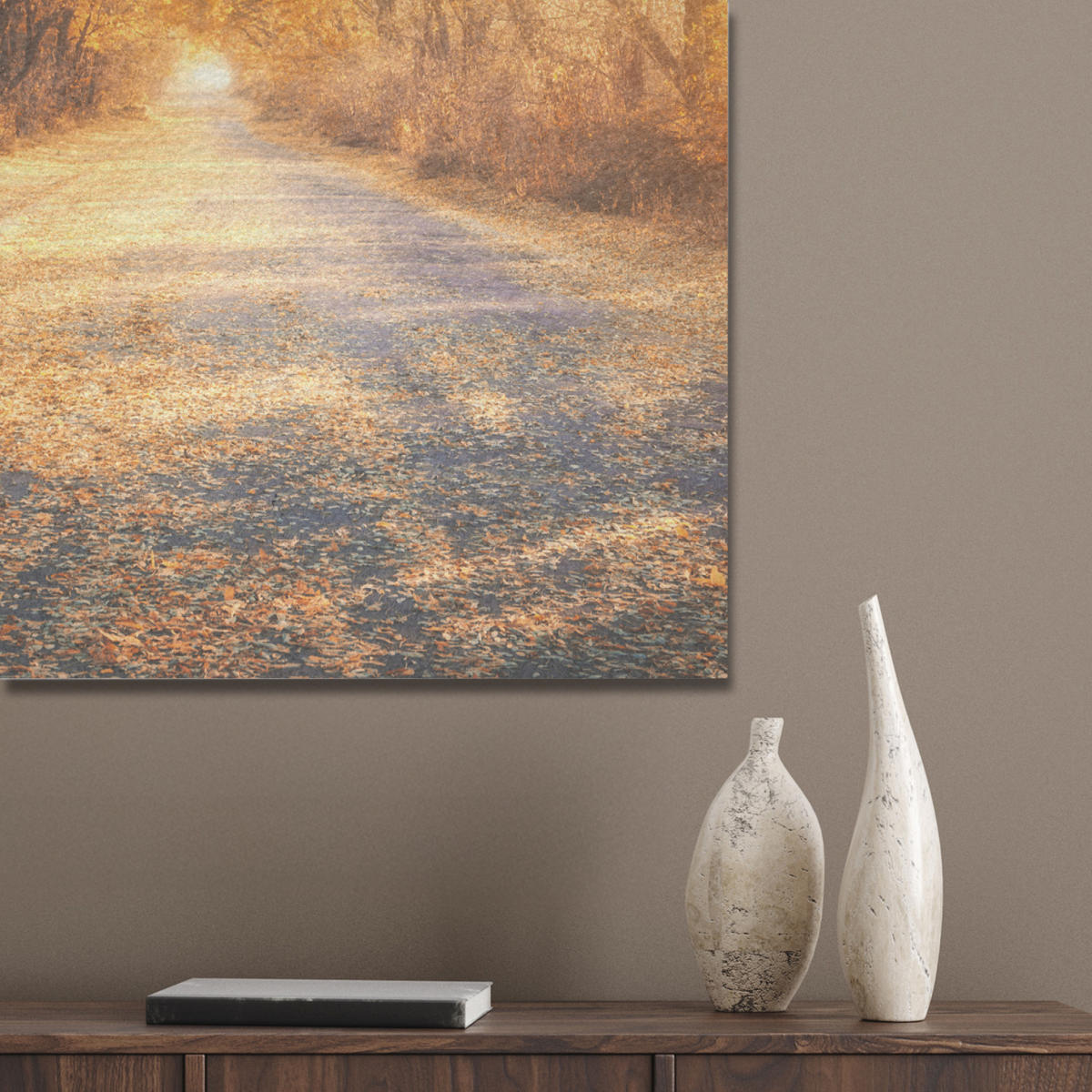 AKUSTIKBILD Wald - Herbst - Bäume - Waldweg - Natur Wanddeko 60x90 cm - Bernsteinfarben, Kunststoff (60/90/0.9cm) - MuchoWow