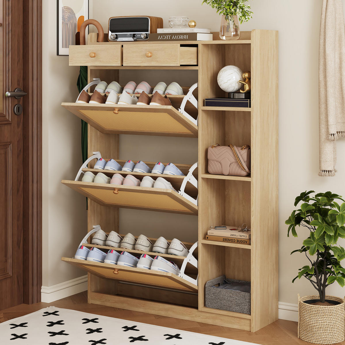 SCHUHSCHRANK 90x24x130cm Rattan mit 3 Klappen, 2 Schubl. - Naturfarben, Holzwerkstoff (90/130/24cm) - FLIEKS