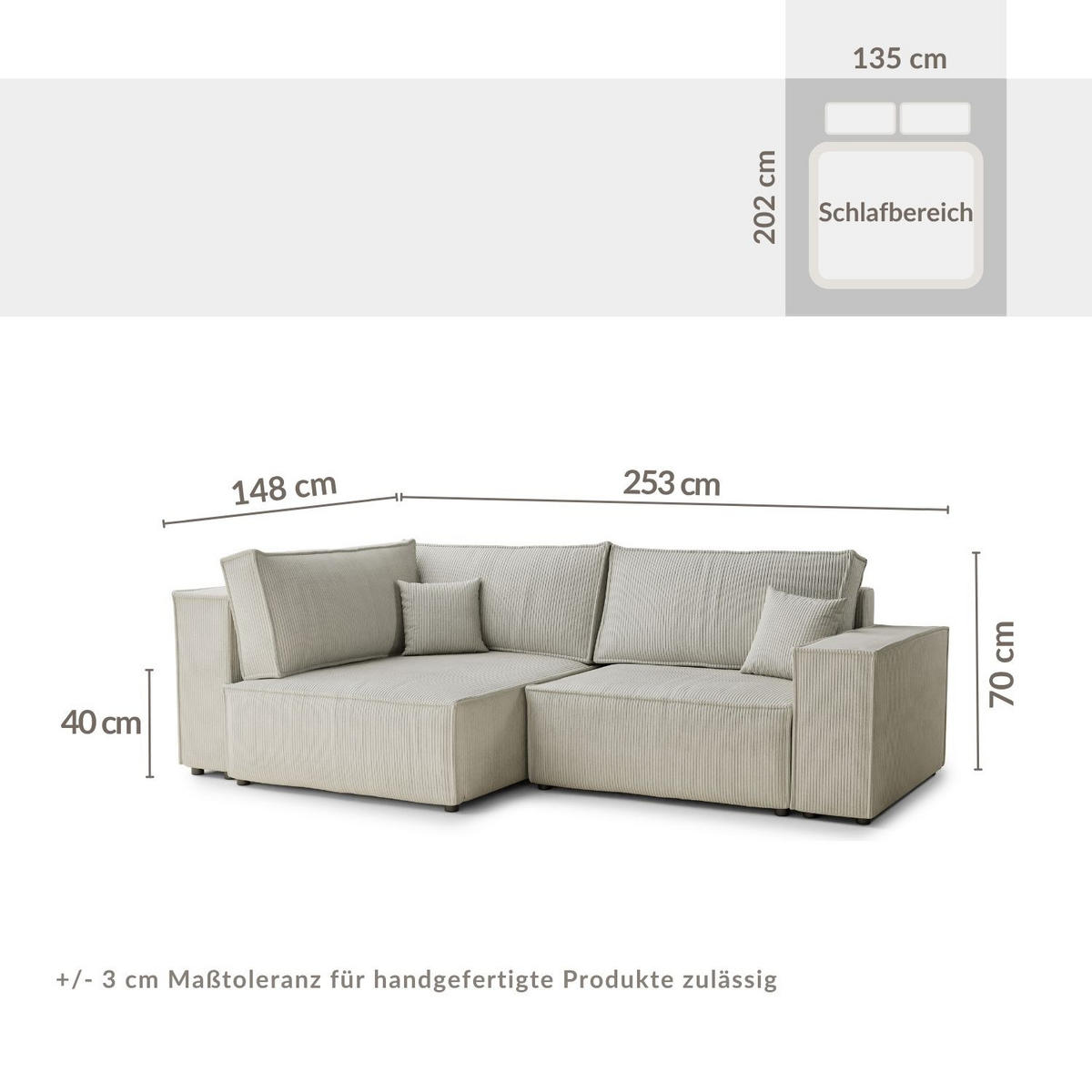 ECKSOFA MIT SCHLAFFUNKTION Tonga Creme Samtstoff - Creme/Schwarz, Holz/Holzwerkstoff (105/225cm) - Maison de Reve