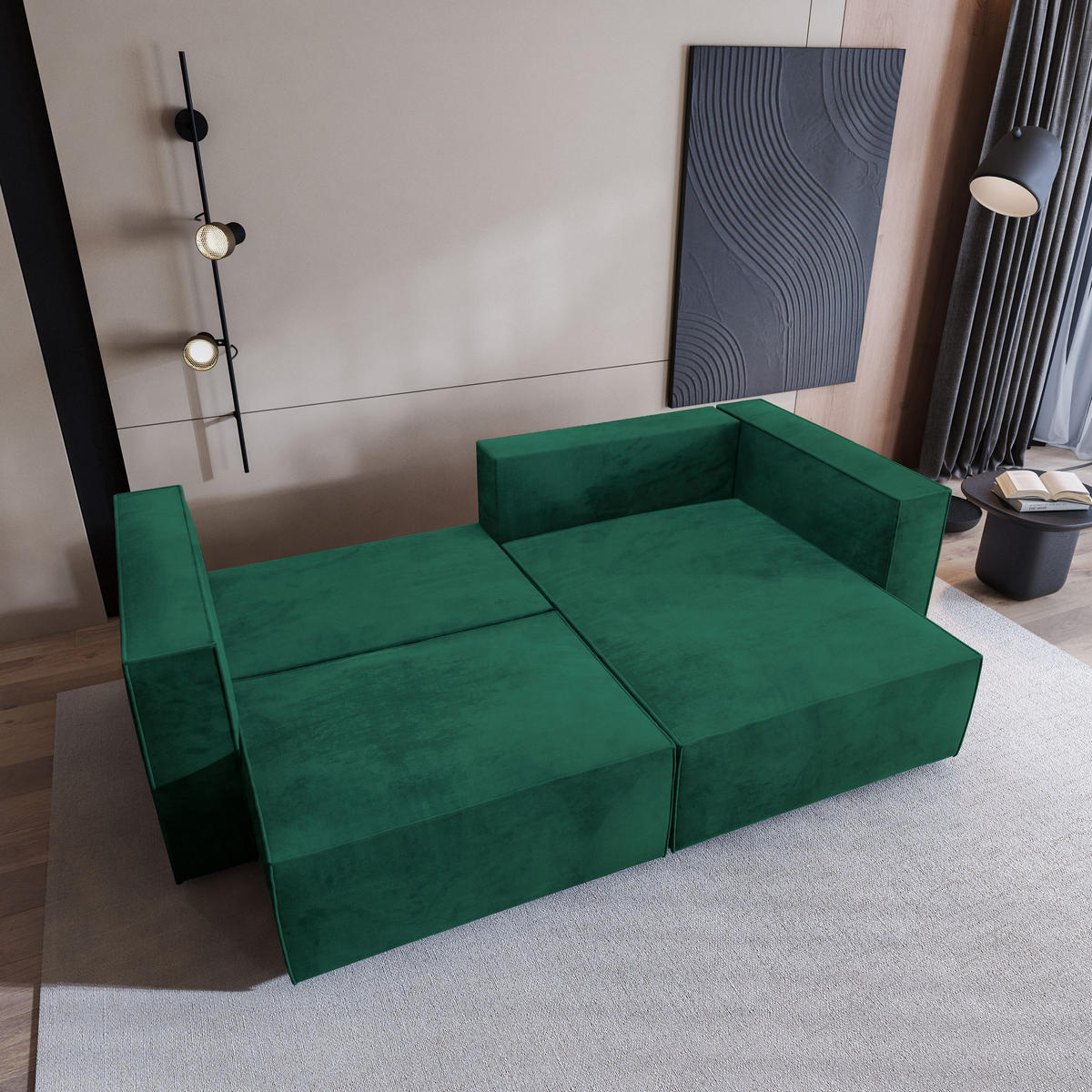 ECKSOFA NERIO M Grün Velours-Stoff mit Schlaffunktion - Grün, Holz (245/148cm) - MASSENO