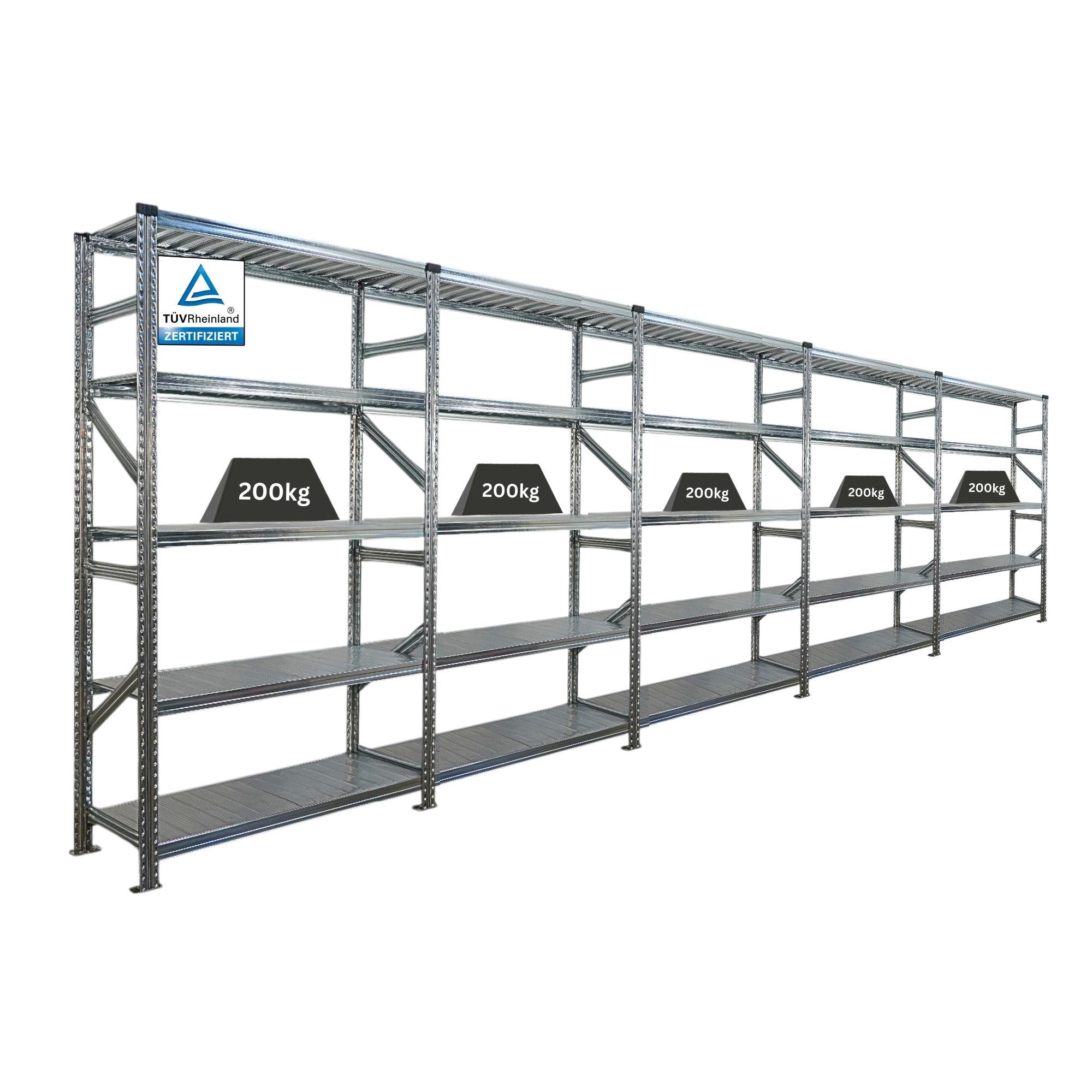 FACHBODENREGAL Proximo 200x600x50cm 5 Ebenen Fachlast 200 kg Beidseitig nutzbar Verzinkt - Silberfarben, Metall (600/200/50cm) - PROREGAL