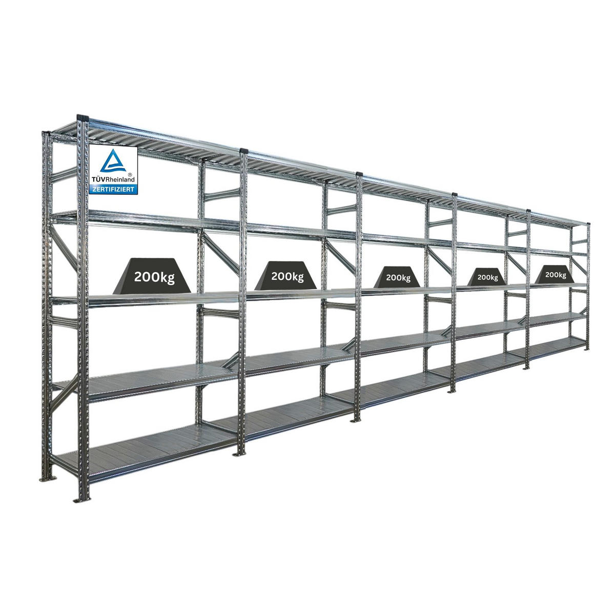 FACHBODENREGAL Proximo 200x600x50cm 5 Ebenen Fachlast 200 kg Beidseitig nutzbar Verzinkt - Silberfarben, Metall (600/200/50cm) - PROREGAL