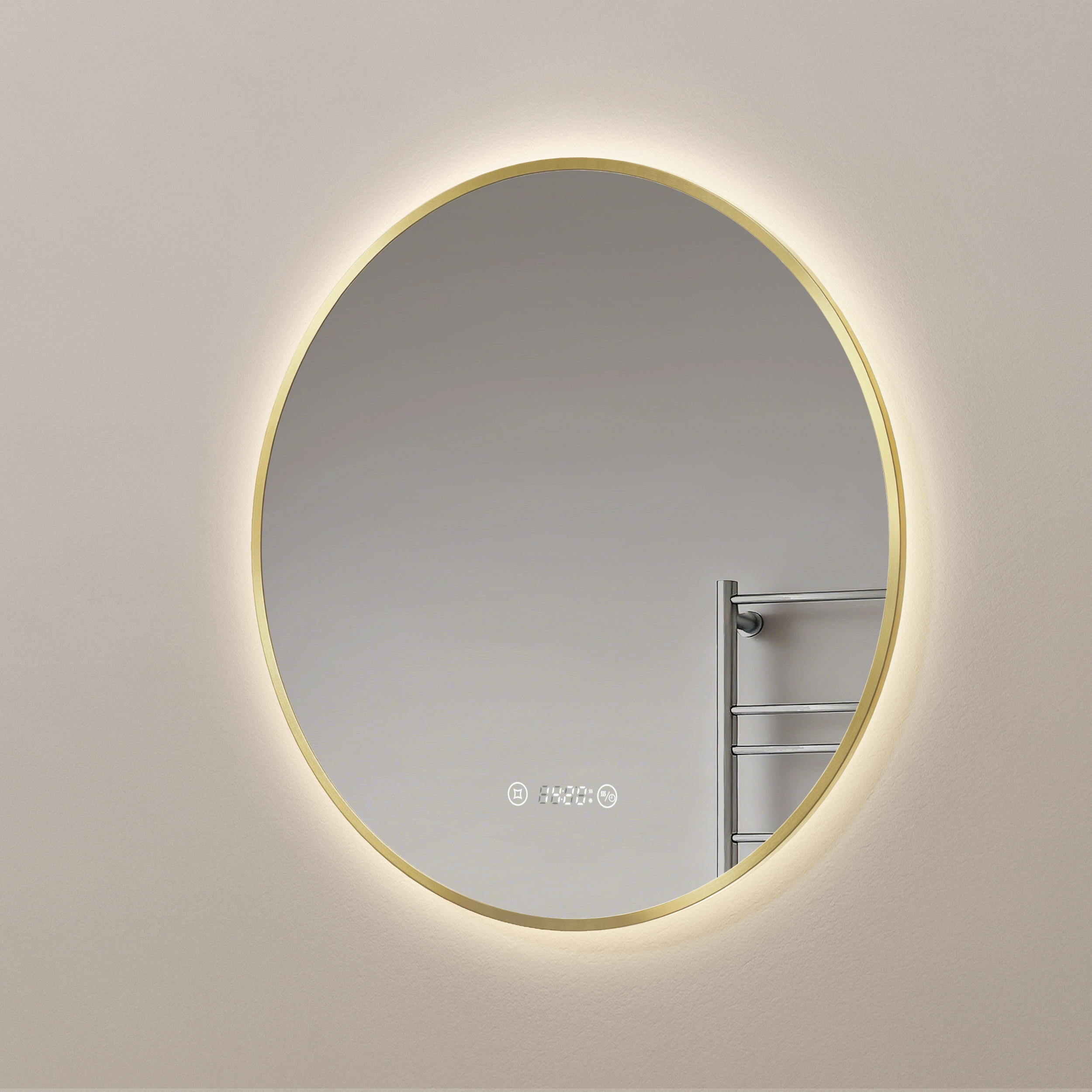 BADSPIEGEL mit LED-Beleuchtung Anti-Beschlag Zeitanzeige Goldfarben Ø 60 cm - Goldfarben, Glas (60/3/3cm) - EMKE