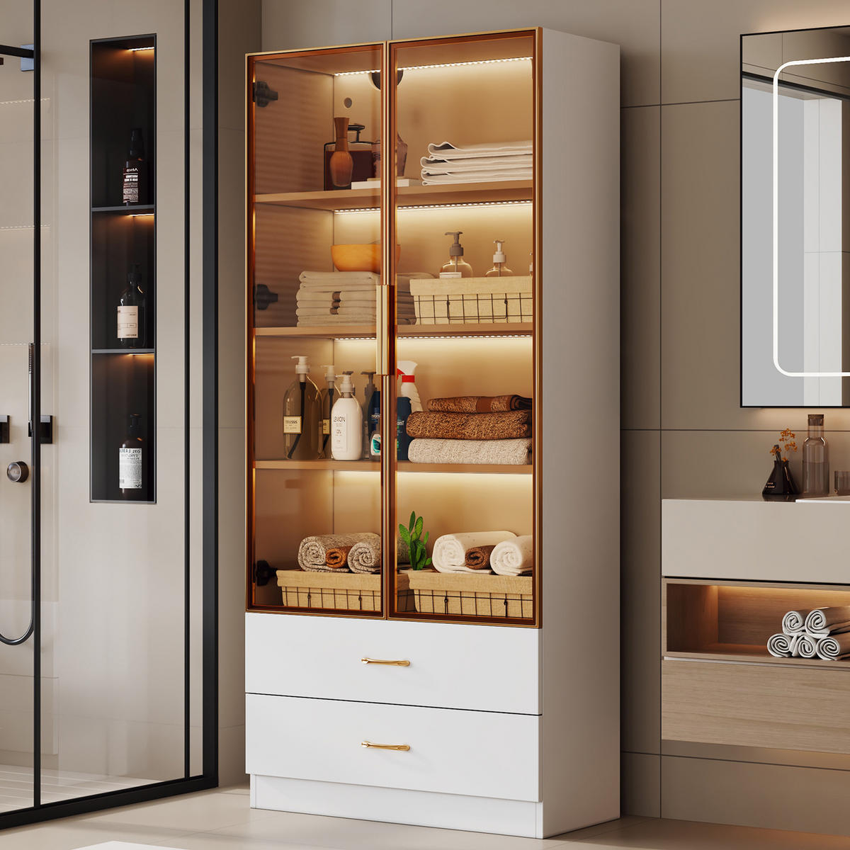 BADSCHRANK in Weiß Highboard mit LED-Lichtleiste Glastür 2 große Schubladen 2 Türen , B75/T34.5/H170cm - Weiß, Glas/Holzwerkstoff (75/170/34.5cm) - STILVORA