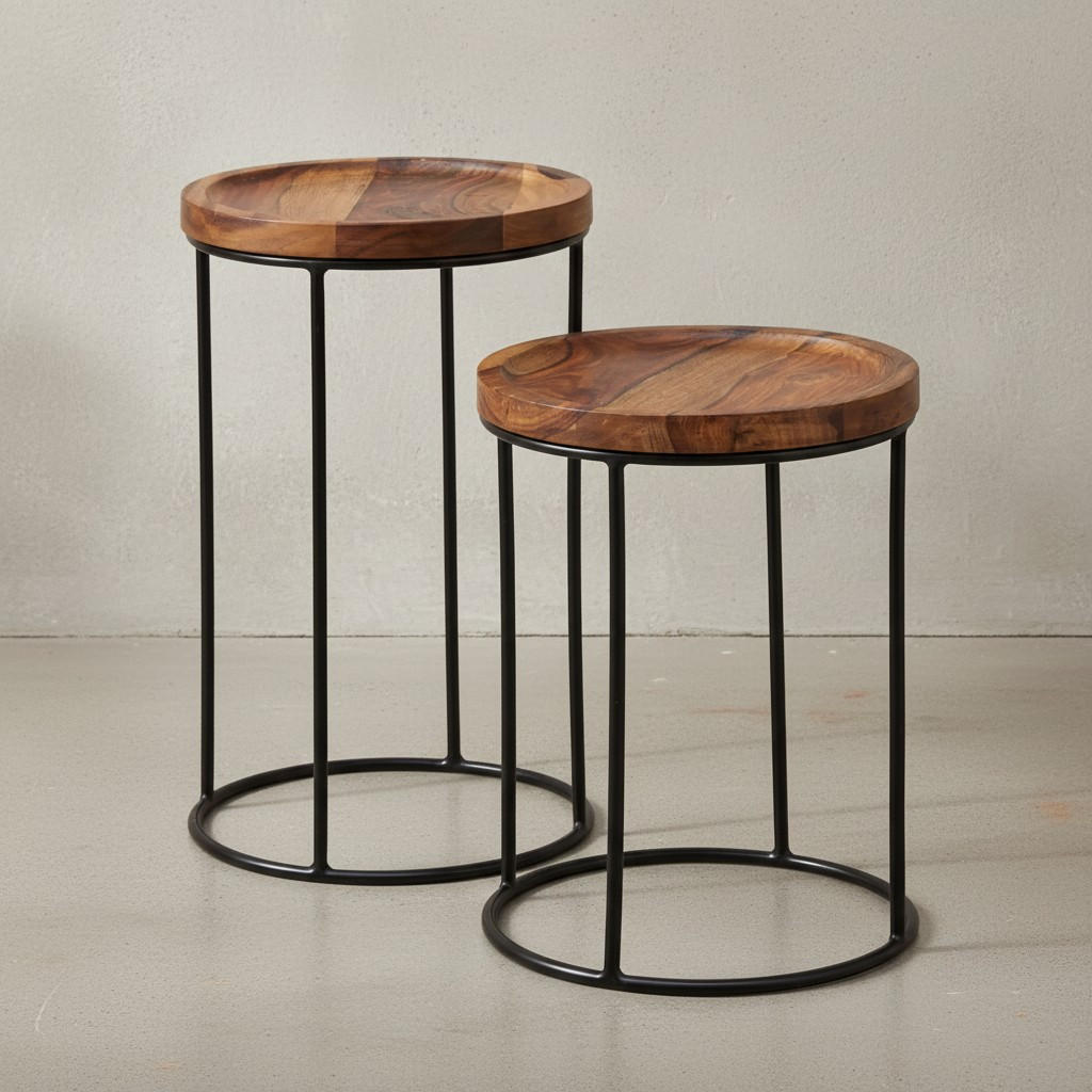 BEISTELLTISCH Set – Massivholz Metall Braun Schwarz 2-teilig Industrial - Schwarz/Braun, Holz/Metall (30/30/54cm) - KADIMA DESIGN