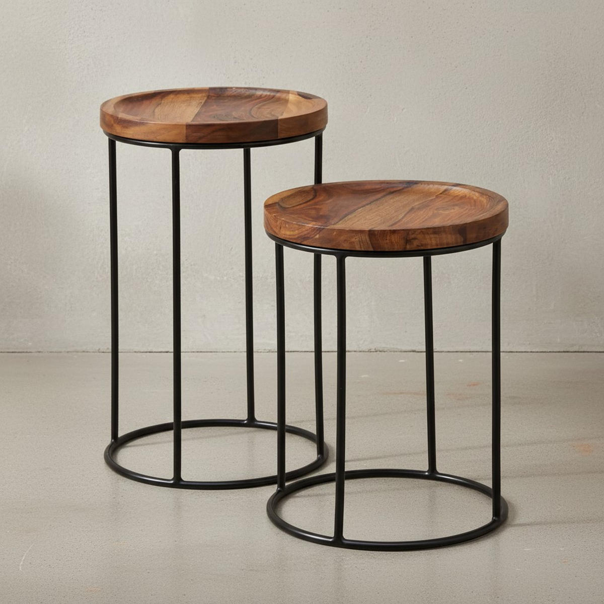 BEISTELLTISCH Set – Massivholz Metall Braun Schwarz 2-teilig Industrial - Schwarz/Braun, Holz/Metall (30/30/54cm) - KADIMA DESIGN