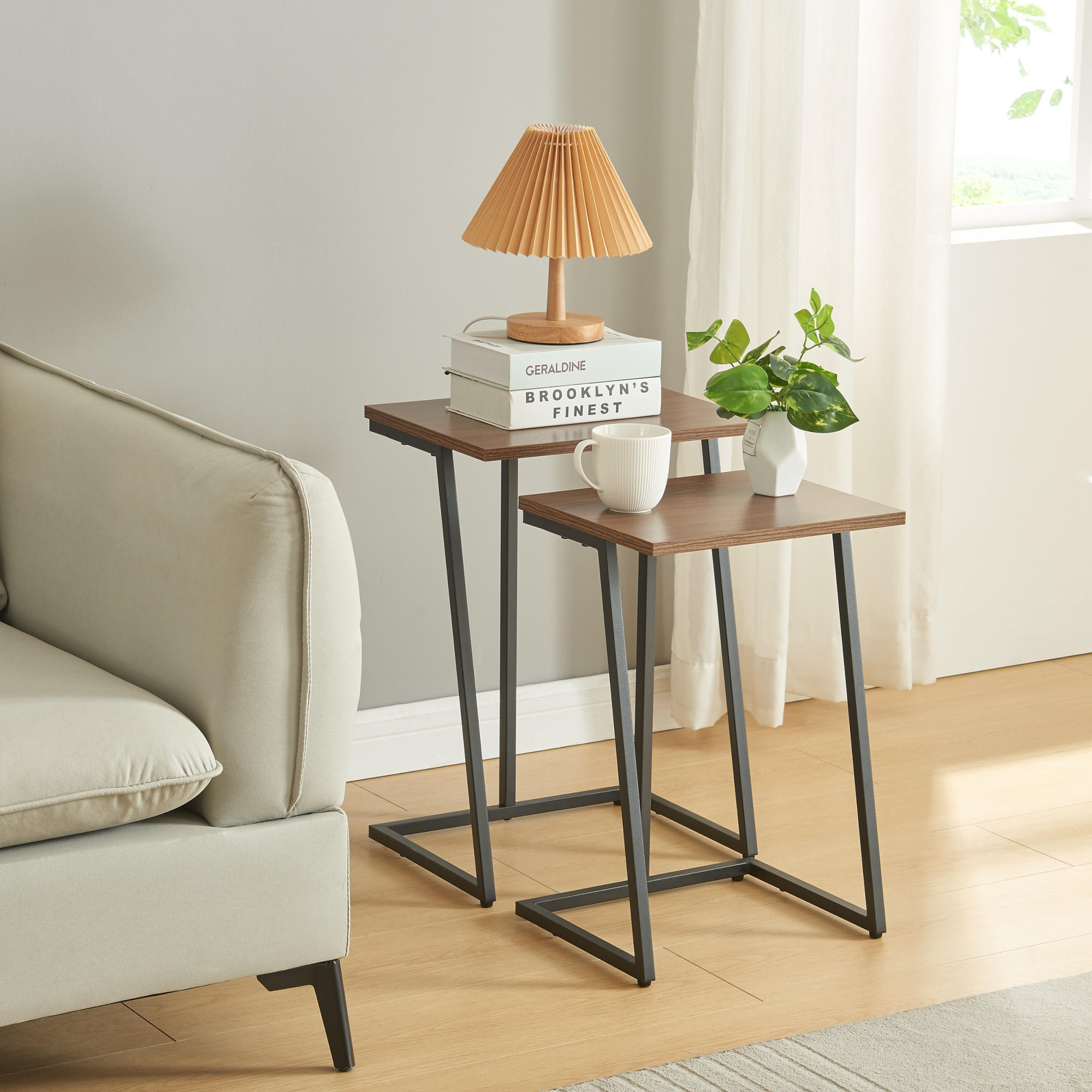 Thumbnail - [en.casa] Satztisch-Set, Walnuss, Holzwerkstoff, Metall, Rechteckig, 30x56x40 cm, Wohnzimmer, Wohnzimmertische, Beistell...