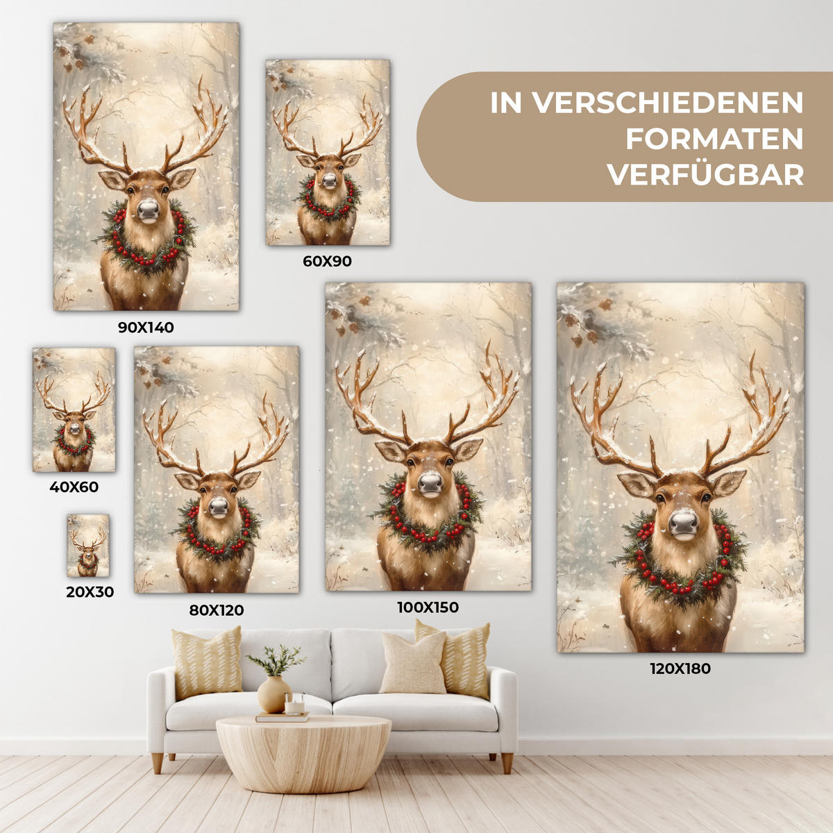 LEINWANDBILD Weihnachten - Rentier - Winter - Kranz 40x60 cm - Naturfarben, Textil (40/60cm) - MuchoWow