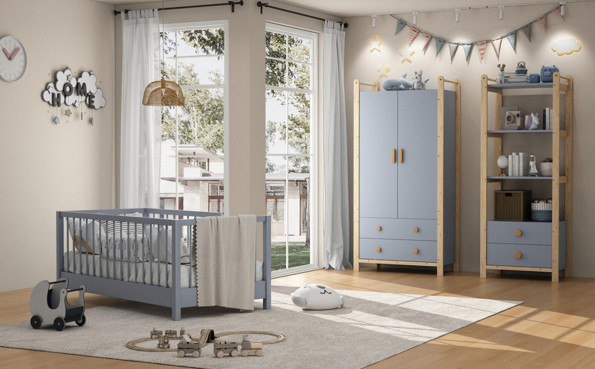 KLEIDERSCHRANK 89,6/180,5/44 cm Blau aus Holzwerkstoff und Massivholz mit 2 Schubladen - Blau, Holzwerkstoff (45/180/90cm) - OKMYHOME