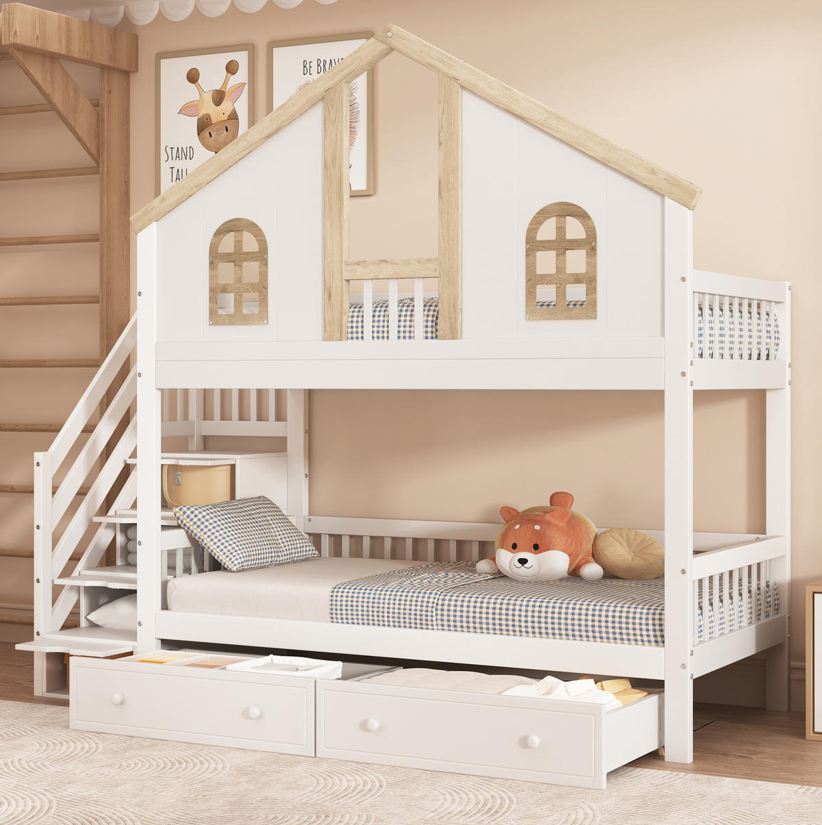 ETAGENBETT 90/200 cm Weiß+Natur mit Stauraumtreppe und zwei Rollen-Schubladen - Weiß, Holzwerkstoff (90/200cm) - OKWISH