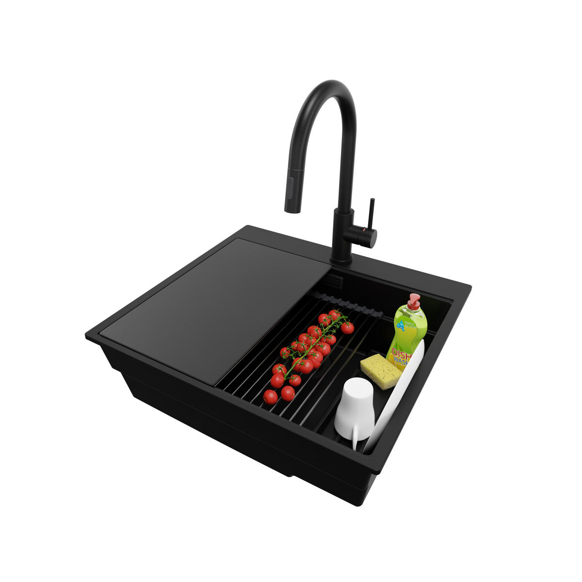 GRANITSPÜLE Oslo Max, 2-er set Alles Schwarz 58/53 cm 1 Becken + Küchenarmatur 40/20 cm + Ablauf-Set + Küchenzubehörset ab 60er Unterschrank - Schwarz, Kunststoff (58/20/53cm) - Primagran