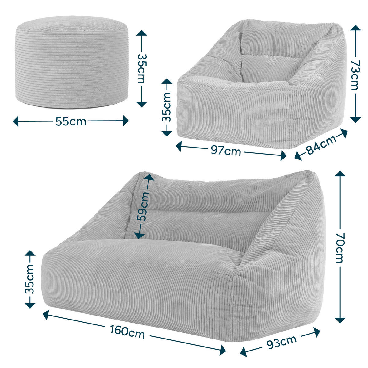 SITZSACK Sofa mit Sessel und rundem Hocker Cecilia - Beige, Textil (160/35/93cm) - icon