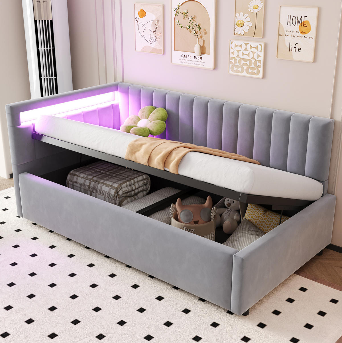 TAPECIRANI krevet 90/200 cm sivi od baršuna s LED rasvjetom i hidrauličnim prostorom za odlaganje - svijetlo siva, tekstil (90/200cm) - OKWISH