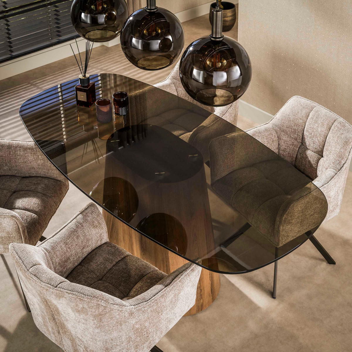 ESSTISCH TINTO CENTRO GRANDE Dänisch-Ovaler Säulentisch mit Rauchglas & Eichenoptik - Schwarz, Glas (180/90/76cm) - alesvelt