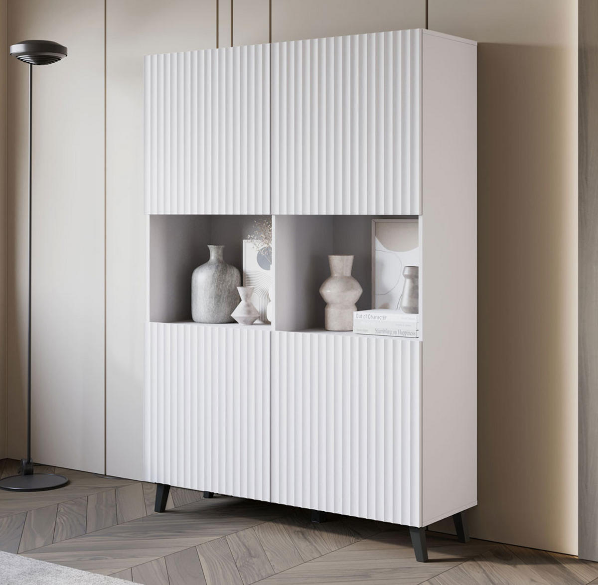 HIGHBOARD Phuket Weiß, gerillt 120 / 39 / 168 cm - Schwarz/Weiß, Holz/Holzwerkstoff (120/168/39cm) - Feldmann-Wohnen