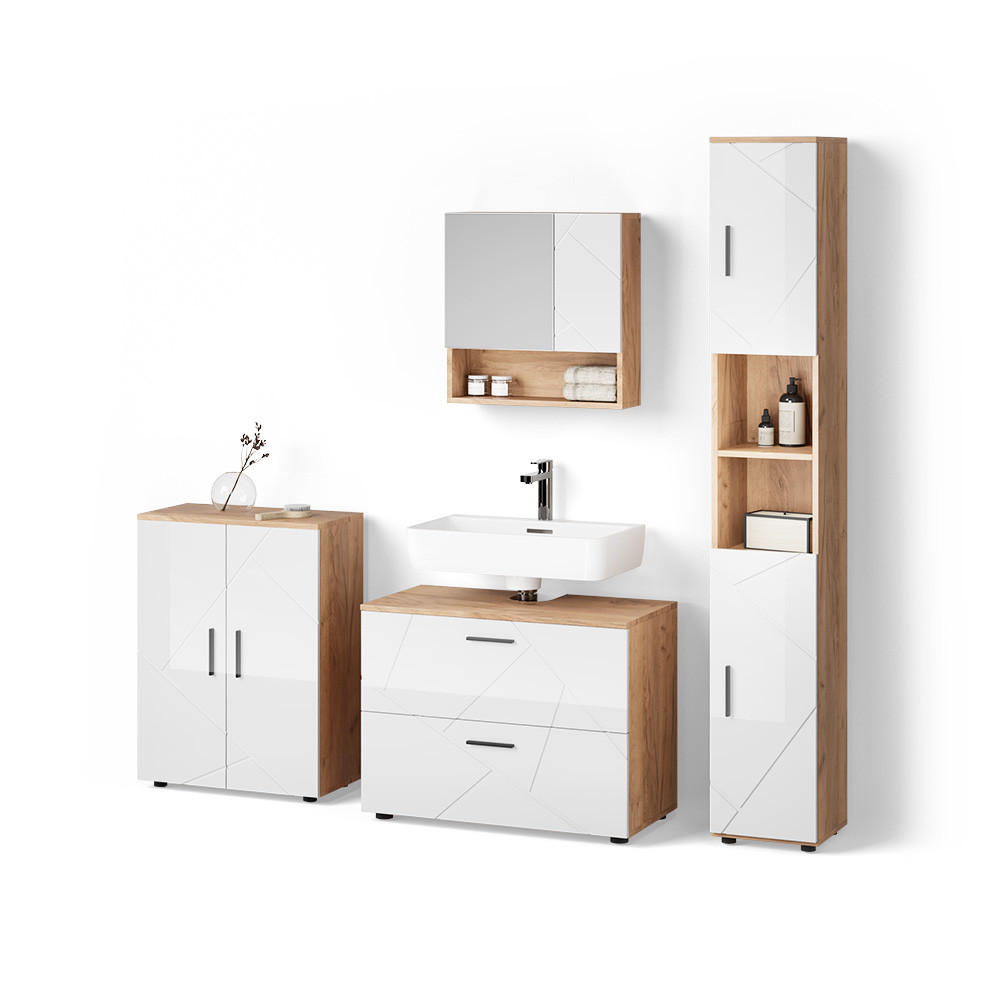 BADMÖBEL-SET Ronco Weiß Hochglanz/Goldkraft Eiche 4 Teile, mit Schubladenschrank und Midischrank - Honigeiche/Weiß Hochglanz, Holzwerkstoff (80/58/41cm) - Livinity®
