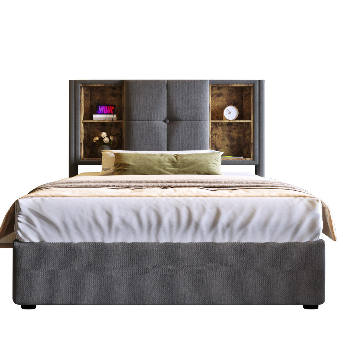 POLSTERBETT 90/200 cm Grau mit Stauraum, USB- und Type-C-Anschlüssen - Grau, Textil (90/200cm) - Flora Grace