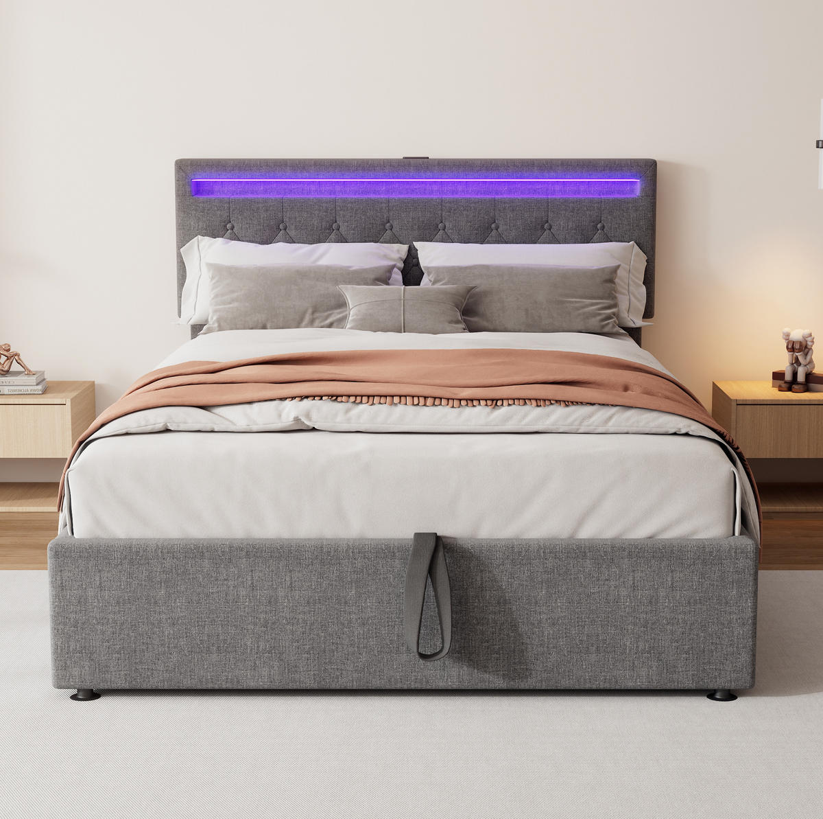 POLSTERBETT mit Stauraum, LED und USB 140x200 cm Leinen Grau - Grau, Metall (140/200cm) - Meubliv