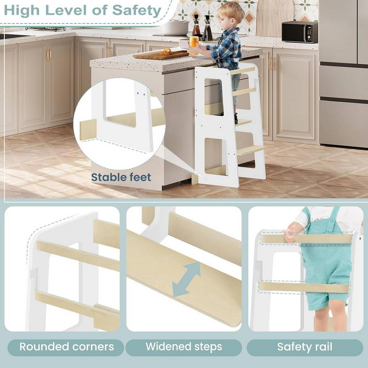 LERNTURM für Kinder ab 1 Jahr, Massivholz MDF, Weiß - Weiß/Naturfarben, Holz/Holzwerkstoff (59/90/41cm) - Woltu