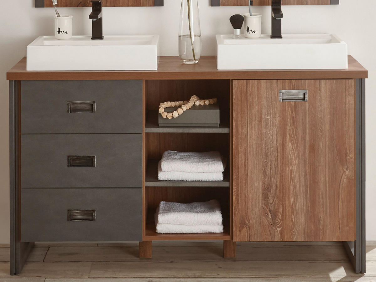 DOPPELWASCHTISCH Eiche Stirling, Matera grau inklusive 2 x Waschbecken 138 x 75 cm - Eichefarben/Grau, Holzwerkstoff/Metall (138/85/40cm) - Furn.Design