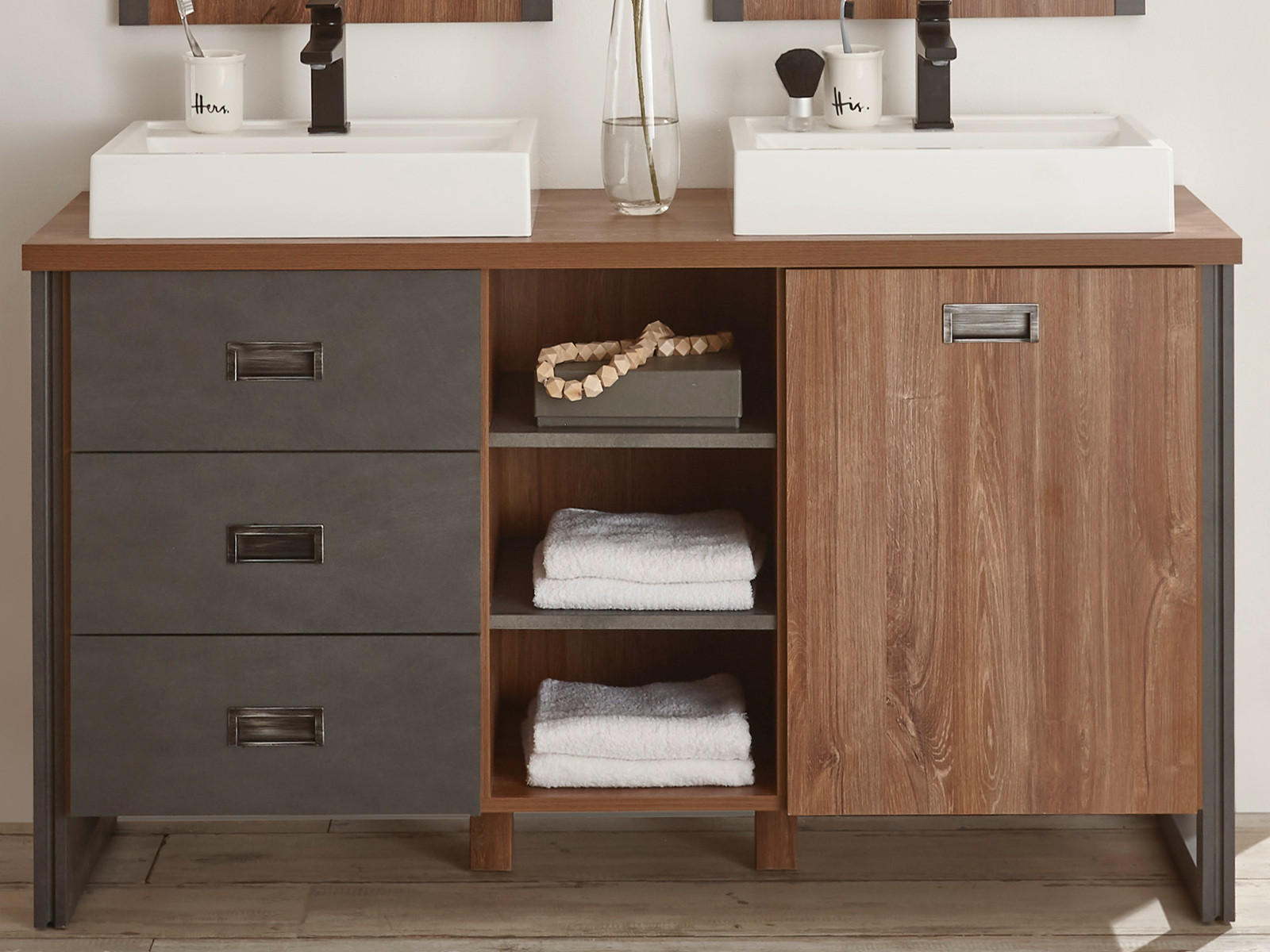 Thumbnail - Furn.Design Waschtischkombi, Eiche, Grau, Metall, Holzwerkstoff, Uni, Holz Optik, Rechteckig, 138x85x40 cm, Badezimmer, ...