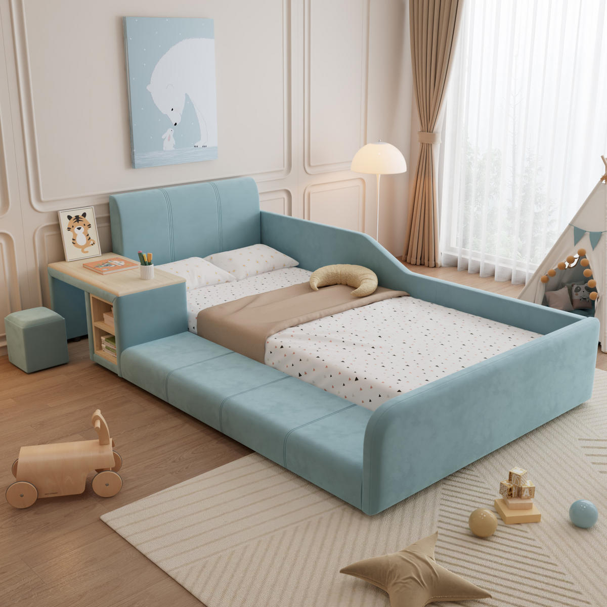 POLSTERBETT 90/200 cm in Blau mit Schreibtisch und Hocker - Blau, Textil (90/200cm) - Flora Grace