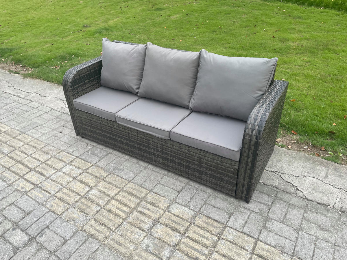 GARTENMÖBEL SET mit 3-SITZER SOFA Polyrattan Dunkelgrau 10-Sitzer - Dunkelgrau/Grau, Glas/Kunststoff - Fimous