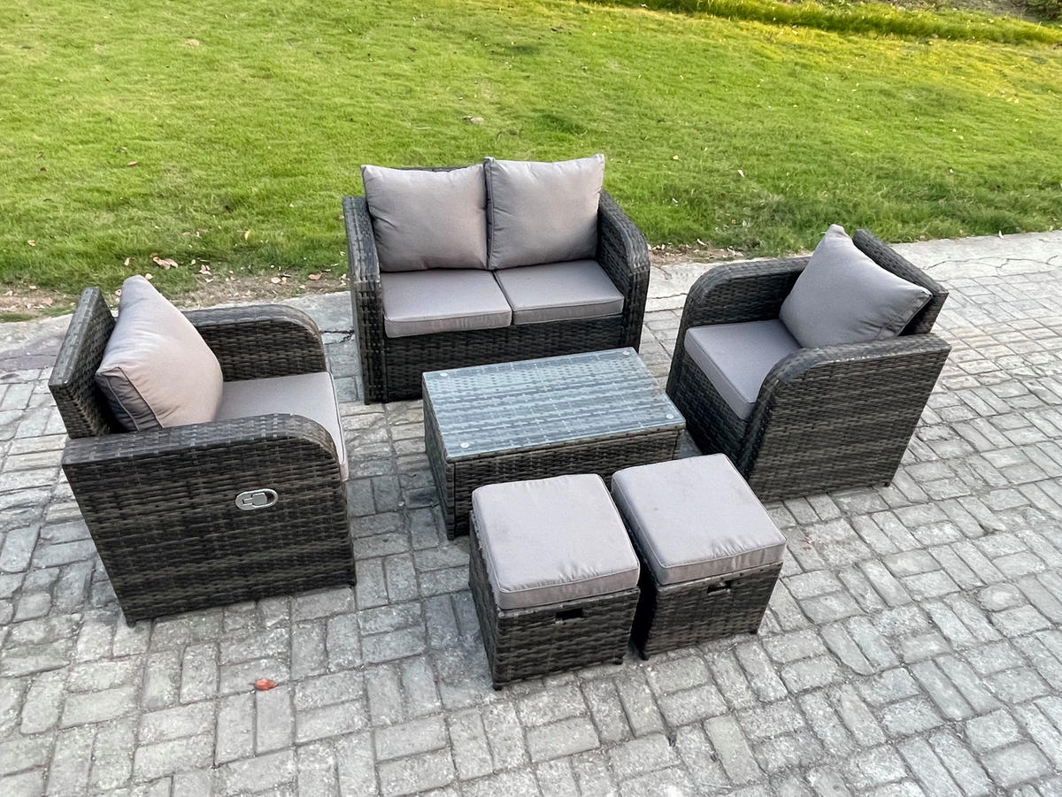 GARTENLOUNGE-SET Polyrattan Dunkelgrau 6-Sitzer - Dunkelgrau, Metall - Fimous