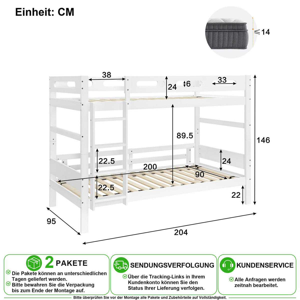 ETAGENBETT 90/200 cm in Weiß mit Leiter und Absturzsicherung aus Holz - Weiß, Holz/Holzwerkstoff (90/200cm) - CHICFURN