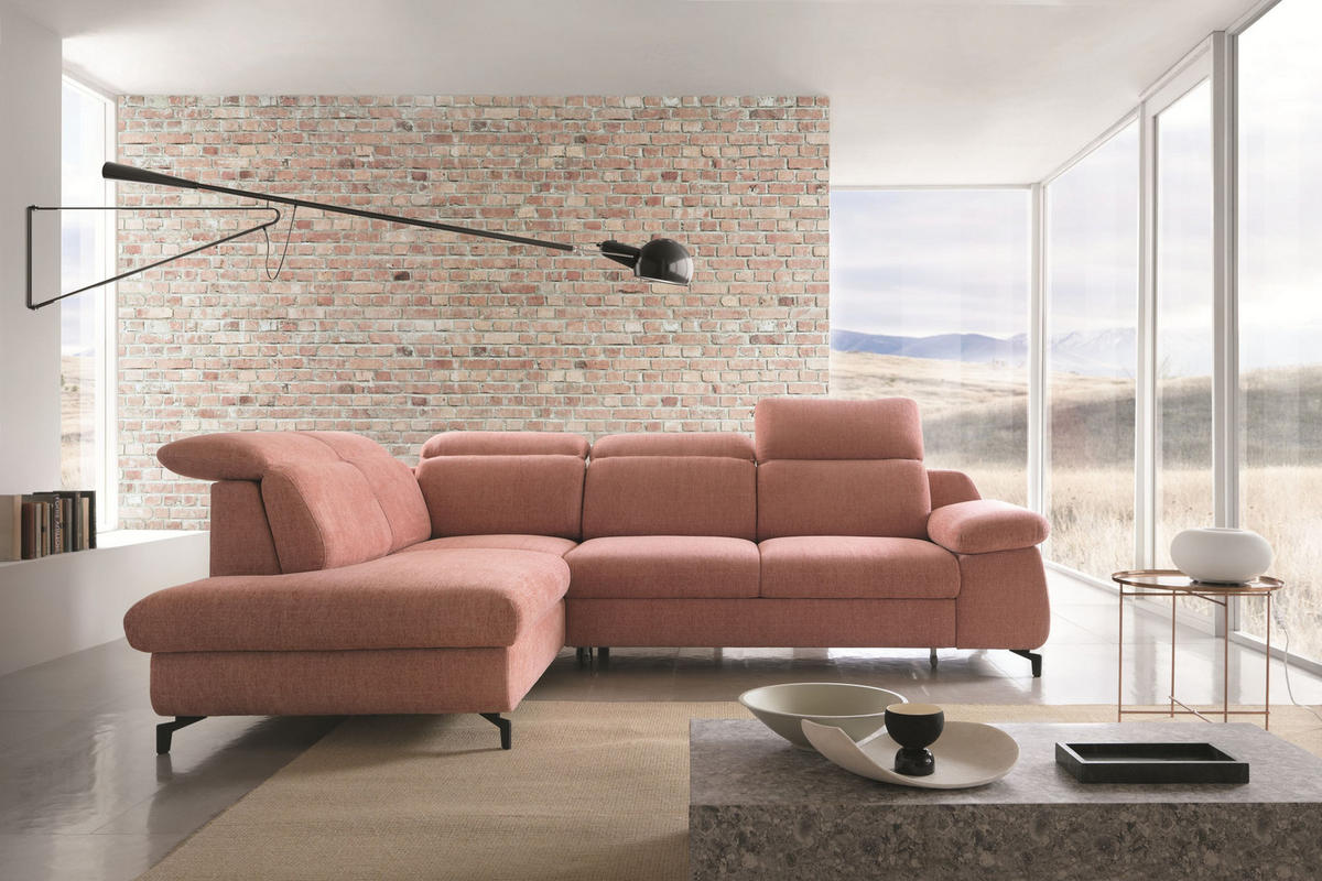 ECKSOFA BORA Rosa Velours-Stoff mit Schlaffunktion - Rosa, Holz (288/223cm) - MASSENO