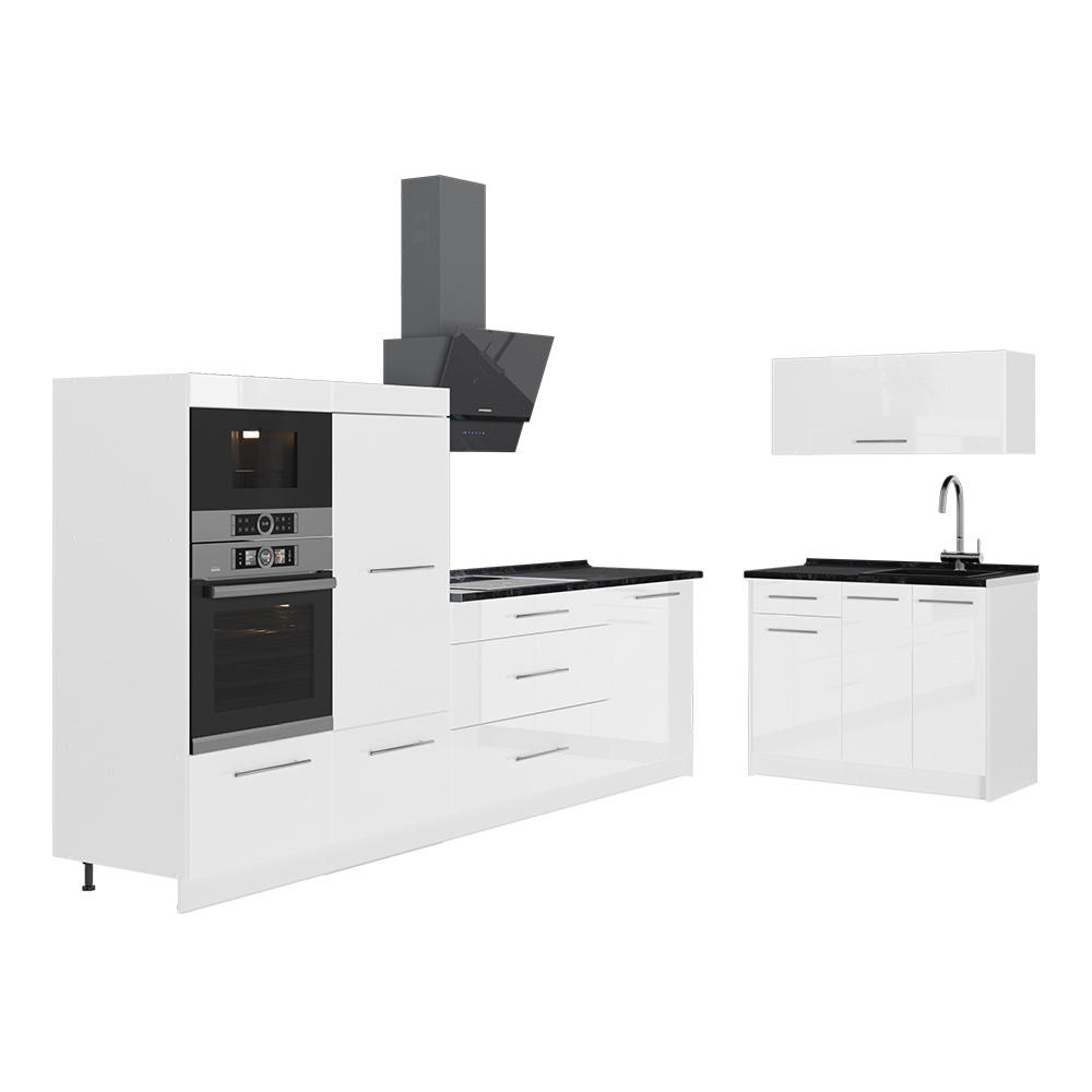 KÜCHENZEILE Fame-Line, Weiß Hochglanz/Weiß, 380 cm ohne Arbeitsplatte - Weiß Hochglanz/Weiß, Holzwerkstoff (380/153.6/51.6cm) - Vicco
