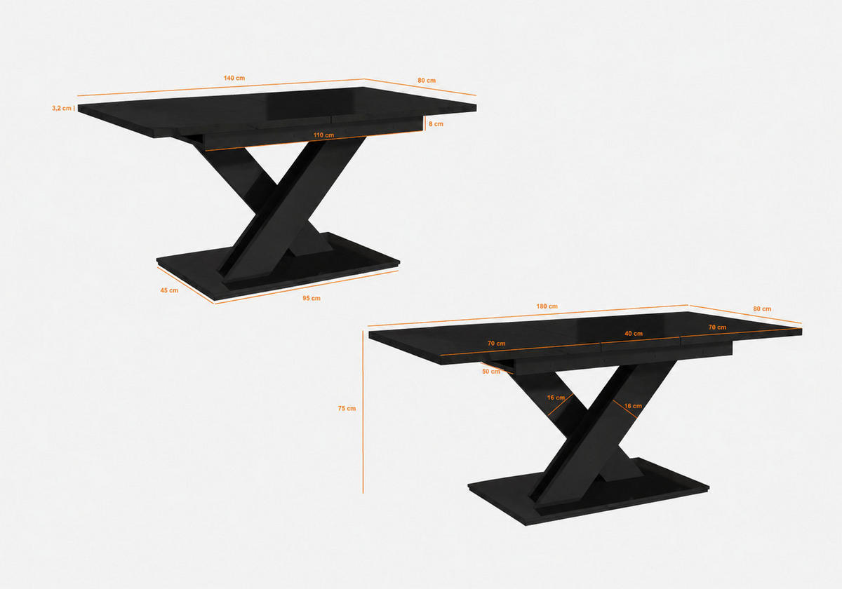 ESSTISCH Ausziehbar 140-180 cm Schwarz glänzend - Weiß Hochglanz, Holzwerkstoff (180/80/75cm) - Home Collective