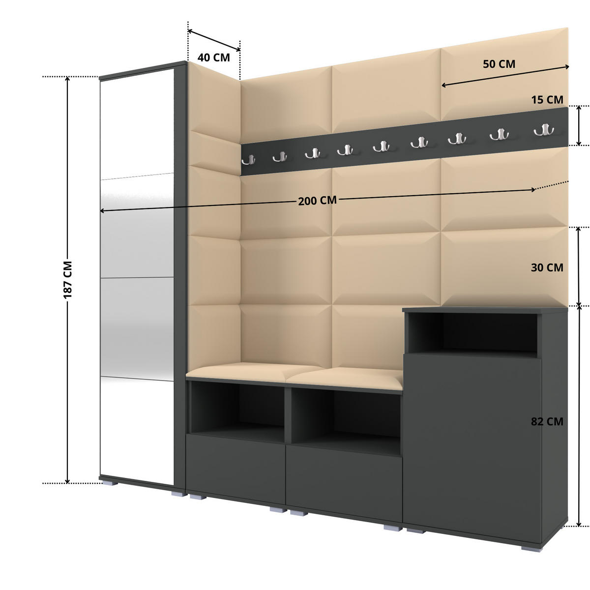 GARDEROBE NELA X 200 cm (Modulare Flurmöbel Graphit mit Spiegel & Sitzpolster Beige 04 Schrank + Sideboard) - Beige/Silberfarben, Holz/Holzwerkstoff (200/187/40cm) - Ravio
